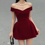 Turn The Edge V-Neck A Word On The Shoulder Christmas Red Princess Dress Hottie Bow Sexy Waist Short Skirt HZ0107