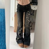 Street Plant Floral Embroidery Slim Thin Flare Jeans Babes Fashion Retro Casual Pants HZ0107