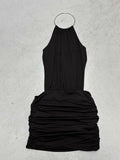 Holiday Wind Metal Ring Hanging Neck Sleeveless Back Splicing Bag Hip Dress Sexy Hot Girl Solid Dress Woman HZ0107