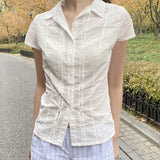 Split Design Collar Buckle Thin Short Sleeve Shirt Hot Girl Sexy Waist Thin Temperament Short Top HZ0107