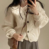 Korean Chic Autumn And Winter Retro Lazy Wind Age Reduction Casual Linen Pattern Loose Sweater Cardigan Short Coat Woman HZ0108