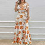 Spring 2025 New Women's Elegant V-Neck Sexy Lotus Leaf Sleeve Print Dress HZ0108