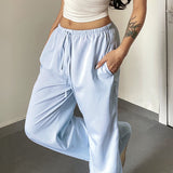 Seaside Resort Stripes Spliced Casual Pants Summer High-Waisted Drawstring With Loose Broad-Legged Trousers Women HZ0107