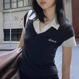 College Style POLO Collar Splicing Fake Two Short-Sleeved Tops Slimming Simple Knitted T-Shirt Girl HZ0107