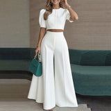 Autumn 2025 New Women's Sexy Round Collar Blouse High-Waist Broad Leg Trousers Fashion Casual Set HZ0108