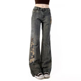 Spiced Beads Embroidered Floral Design To Make Old Water Wash Micro-Tipped Jeans Retro Low-Rise Thin Casual Trousers HZ0107