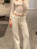 Holiday Style Design Feel Waist Solid Color Knitted Pants Women Low-Rise White Loose Straight Slacks HZ0108