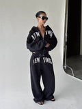 New Letter-Printing Street Trend Style Hooded Solid-Color Set Zippered Sweater + Casual Trousers HZ0108