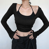 Autumn And Winter Women's Clothing 2025Ins Net Red Hot Girl Hit The Color Hanging Neck Slim Thin Two Sets Of Long-Sleeved T-Shirts HZ0107