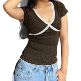 New Lace Splicing Cross-V Collar Print Short-Sleeved T-Shirt Pure Lusty Slimming Hottie Blouse Summer HZ0107