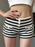 Lazy Style Retro Low-Rise Striped Home Shorts Hottie Fashion Basic Buckle Thin Simple Casual Pants HZ0108