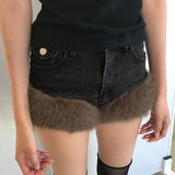 Mid-Winter 2025 New Retro Hair Stitched With Denim Shorts Hot Girl Warm Fashion Low-Waisted Hip Hot Pants HZ0107