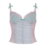 Pure Lust Net Yarn Bump Color Bow Sling Sling Waistcoat Inside And Outside Wearing Cute Girl V Collar Tectar Blouse Short HZ0108