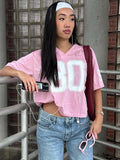 Street Hottie Style Oversize Letter Print Short-Sleeved T-Shirt V-Neck Loose Casual Dress HZ0108