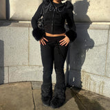 2025 Autumn And Winter Hair Splicing Hooded Casual Sweater Hottie Letter Hot Diamond Short-Term Waist Zipper Jacket HZ0107