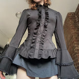 Court Style Black Collar Wood Ear Shirt Autumn Dark Babes Personality Long-Sleeved Top Woman HZ0107