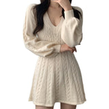 Vintage French Small Sweater Early Autumn Women's Lantern Long Sleeves To Close The Waist V Collar Hepburn Knitted Dress Woman HZ0108