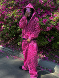 Trendy New Winter Leopard Hooded Cardigan Blouse Loose Casual Hip-Hop Broad Leg Trousers Set HZ0108