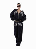 New Letter-Printing Street Trend Style Hooded Solid-Color Set Zippered Sweater + Casual Trousers HZ0108