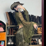 Sensian Retro-Winded Green Lace V Tie With Cardigan Blouse Hottie Sexy Perspective Horn Sleeve Open-Vumen Hooded Shirt HZ0107