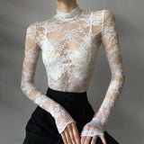 Spring/Summer 2025 New Hottie Perspective Lace High-Necked Long-Sleeved T-Shirt Thin Short Top HZ0107