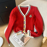 Vintage College Wind V-Neck Collidered Knitted R-Shirt 2025 Autumn/Winter New Ocean-Skinny Sweater Woman HZ0108