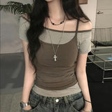 Pure Hot Babes Hit The Color Repair Casual Two-Piece Blouse Summer Round Neck T-Shirt Folded Small Sling Girl HZ0107
