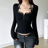 Pure Babes Tight Skinny Solid Color Lace Lace Splicing Collar Long Sleeve Blouse Buckle Hanging Neck Strap T-Shirt HZ0107
