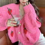 Sweet Wind Three-Dimensional Strawberry Loose Thin Single Row Buckle Knitted Jersey Women's Korean Version Of The Fashion Long-Sleeved Open Shirt Sweater HZ0108