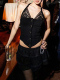 Sexy Style Retro Modern Fashion Skirt Women's Lace Splicing Hanging Neck Vest + Solid Color A Word Skirt HZ0108