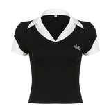 College Style POLO Collar Splicing Fake Two Short-Sleeved Tops Slimming Simple Knitted T-Shirt Girl HZ0107