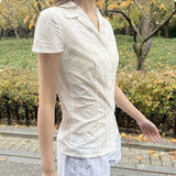 Split Design Collar Buckle Thin Short Sleeve Shirt Hot Girl Sexy Waist Thin Temperament Short Top HZ0107