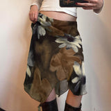 Vintage Flower-Print Mesh Splicing Irregular Dress Holiday Style Slim Low Waist Skirt 2025 Autumn HZ0107