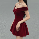 Turn The Edge V-Neck A Word On The Shoulder Christmas Red Princess Dress Hottie Bow Sexy Waist Short Skirt HZ0107