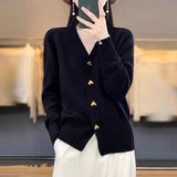 2025 Autumn And Winter New Pure Color Simple Knitted Shirt Love Buckle V Collar Women's Cardigan Outside The Loose Sweater Jacket HZ0108