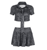 Early Autumn Letter Simple Striped Long-Sleeved Loose Shirt Women Fashion Drawstring With High Belt A-Type Skirt HZ0107