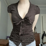 French Tie With Bow Bow Dot Clasp Short Coat Retro Temperament Folded Waist Thin Short Sleeve Shirt HZ0107