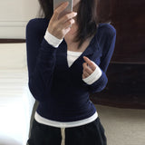 Spice Girl Style Half-Buckle V-Neck Fake Two T-Shirts In The Autumn New Dress-Up With A Bottom Shirt Woman HZ0107