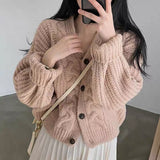 Korean Chic Autumn And Winter Retro Lazy Wind Age Reduction Casual Linen Pattern Loose Sweater Cardigan Short Coat Woman HZ0108