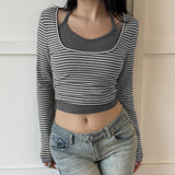 Autumn New Stripes Splicing Two Sets Of Casual Blouse Hottie Foundation Hanging Neck Sling Long-Sleeved T-Shirt Girl HZ0107