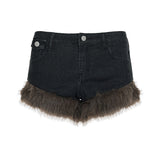 Mid-Winter 2025 New Retro Hair Stitched With Denim Shorts Hot Girl Warm Fashion Low-Waisted Hip Hot Pants HZ0107