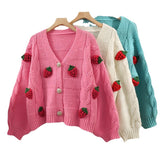 Sweet Wind Three-Dimensional Strawberry Loose Thin Single Row Buckle Knitted Jersey Women's Korean Version Of The Fashion Long-Sleeved Open Shirt Sweater HZ0108