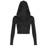 Street Wasteland Hooded Collar Folded T-Shirt Girl Long Sleeves Umbilical Solid Color Base Blouse HZ0108