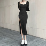 New Women's Dress 2025 Fashion Women's Court Style Folds To Collect The Waist Thin Open Fork Dress HZ0107