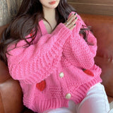 Sweet Wind Three-Dimensional Strawberry Loose Thin Single Row Buckle Knitted Jersey Women's Korean Version Of The Fashion Long-Sleeved Open Shirt Sweater HZ0108