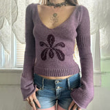 Mid-Winter 2025 New Lazy Comfortable V-Neck Flower Knitting Blouse Purple Gentle Wind Long-Sleeved Sweater Woman HZ0107