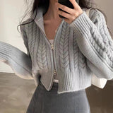 2025 Autumn And Winter Women's Version Of The Korean Version Of The Retro Temperament Students Double Zipper Solid Color Sesame Sweater Coat Women's Knitted Open Shirt HZ0108