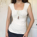 Pure Hottie Style Beads Drawstring Lace Splicing Short Coat Sweet Folded Side To Receive Short Sleeve T-Shirt HZ0107