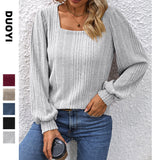 2025 Autumn And Winter New Lady Pit Strips Grinding Square Collar Fashion Lantern Sleeve Long Sleeve Top HZ0108