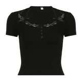 Pure Babes Tight Skinny Solid Color Lace Lace Splicing Collar Long Sleeve Blouse Buckle Hanging Neck Strap T-Shirt HZ0107